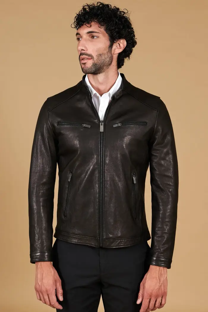 D Arienzo Giacca biker in pelle nera vegetale effetto lavato, Seleziona Nero