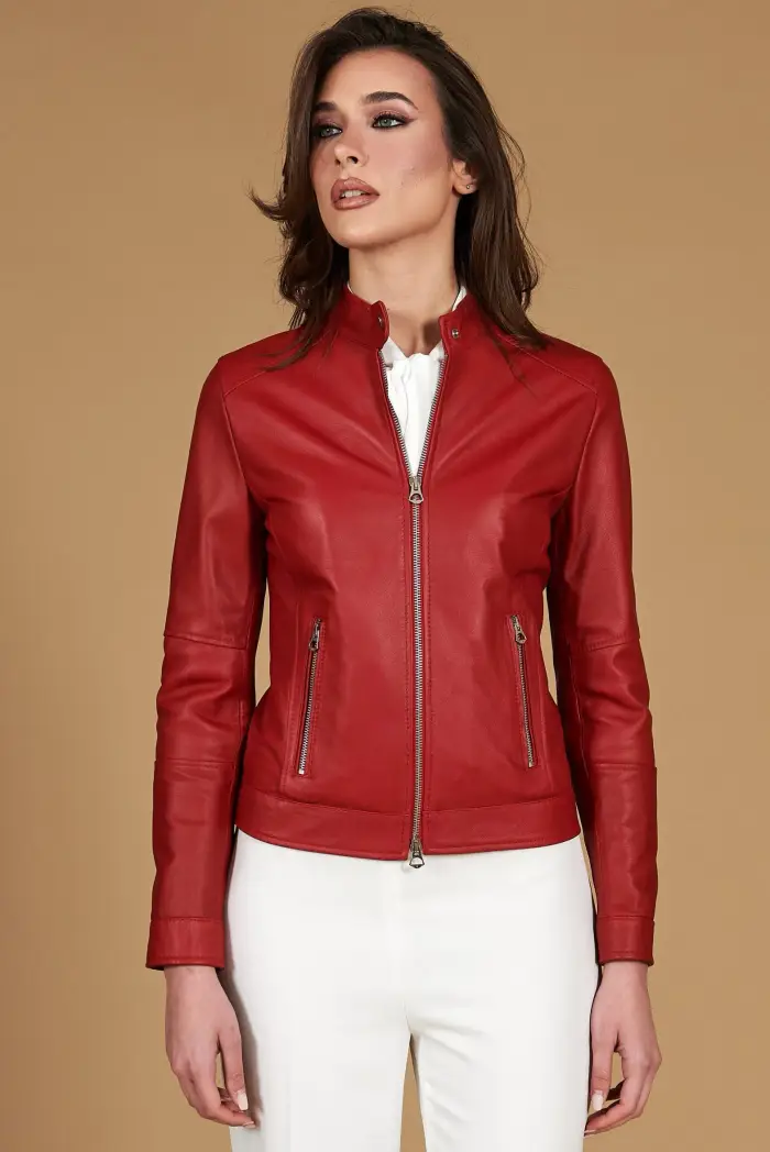 D Arienzo Giacca biker in pelle rossa nappa effetto liscio, Seleziona Rosso
