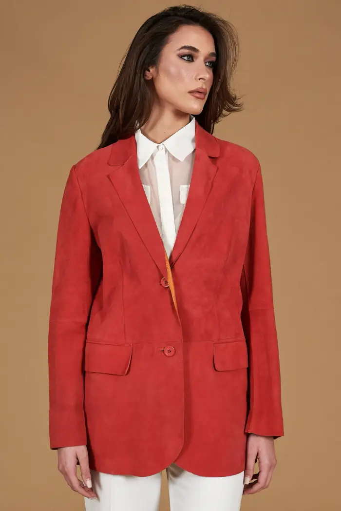 D Arienzo Giacca blazer in pelle scamosciata colore corallo, Seleziona Rosso