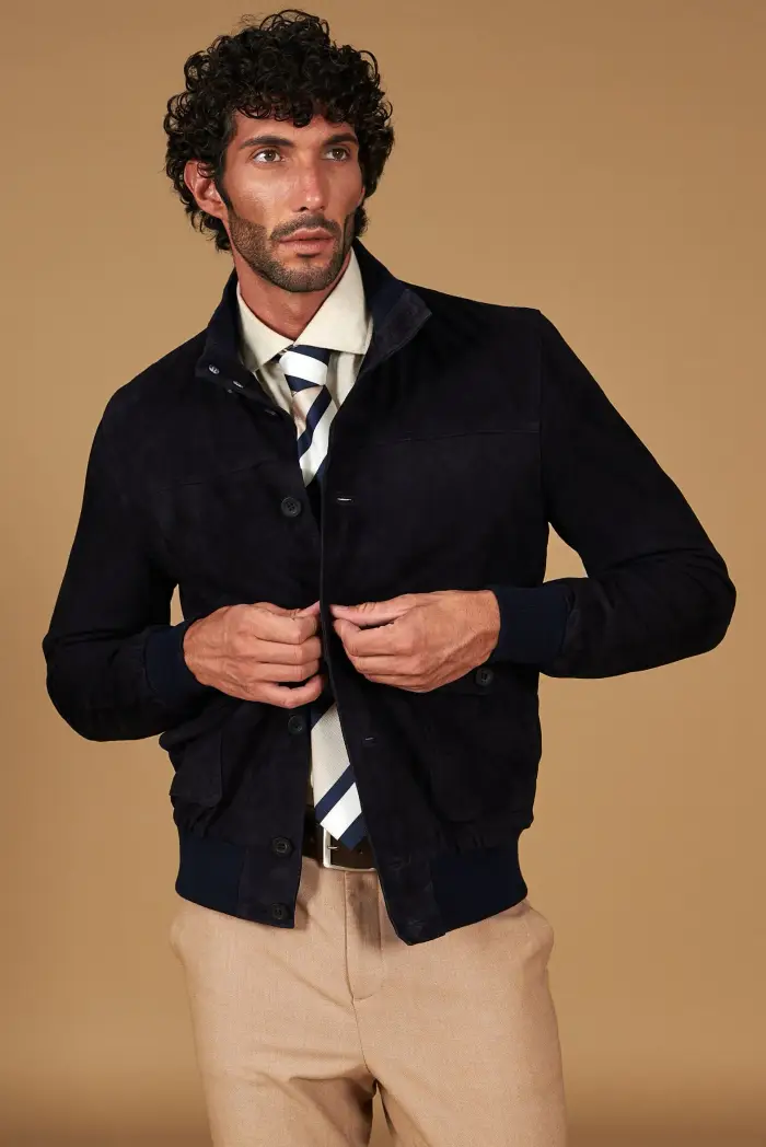 D Arienzo Giacca bomber in pelle camoscio blu con bottoni e tasconi, Seleziona Blu