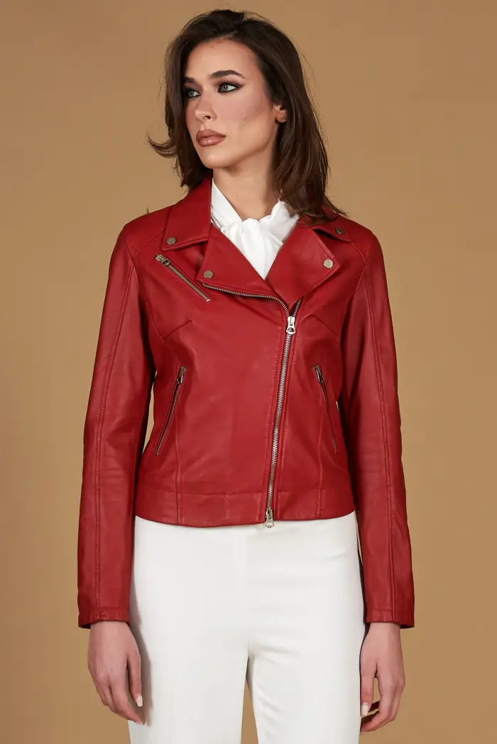 D Arienzo Giacca chiodo in pelle rosso nappa effetto liscio, Seleziona Rosso