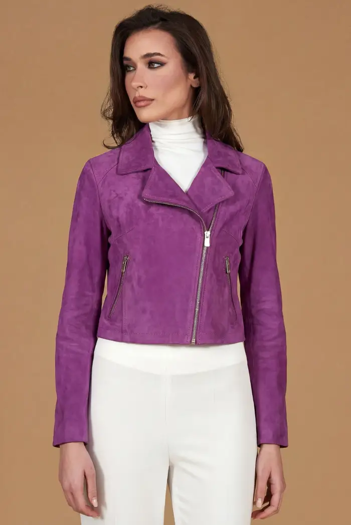 D Arienzo Giacca corta in pelle camoscio glicine stile chiodo, Seleziona Viola