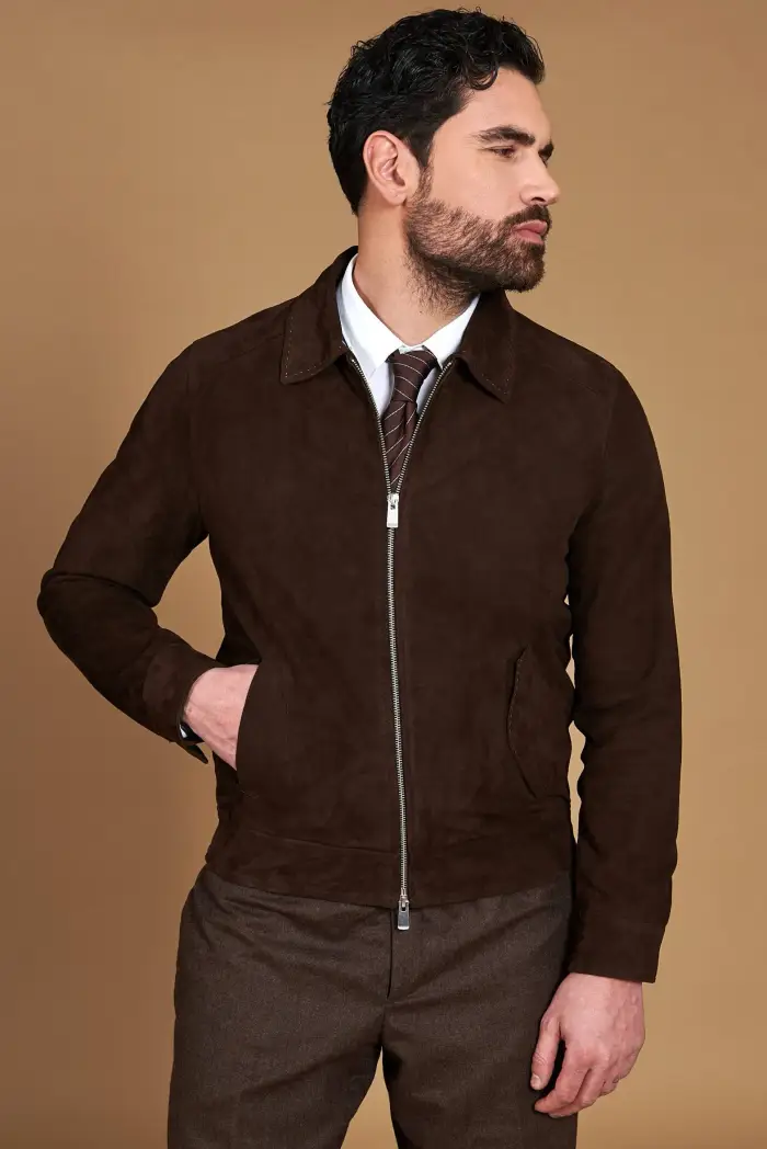 D Arienzo Giacca in camoscio color testa di moro impunturata colletto camicia, Seleziona Testa di moro