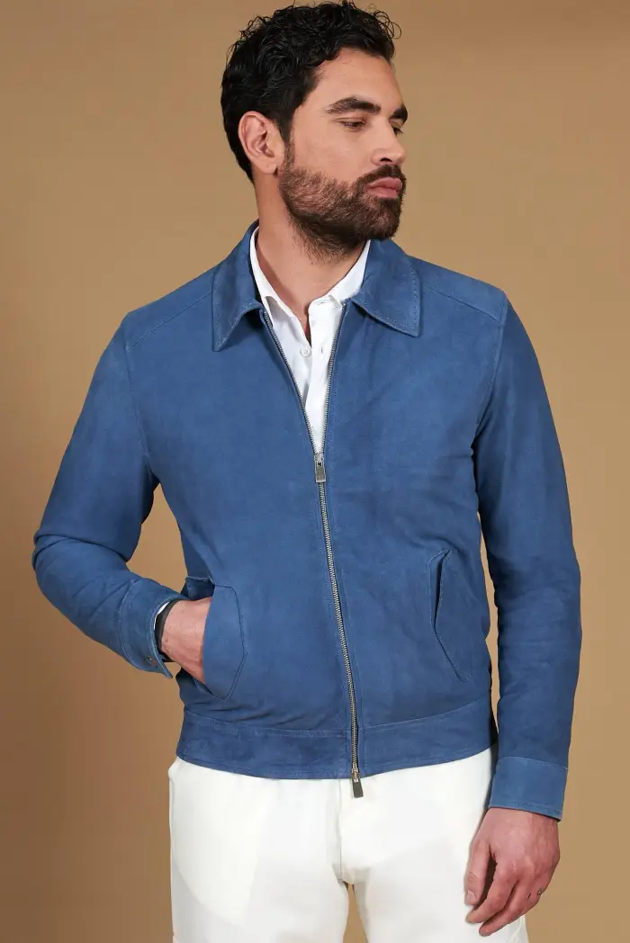 D Arienzo Giacca in camoscio denim blu con colletto camicia impunturato a mano, Seleziona Blu