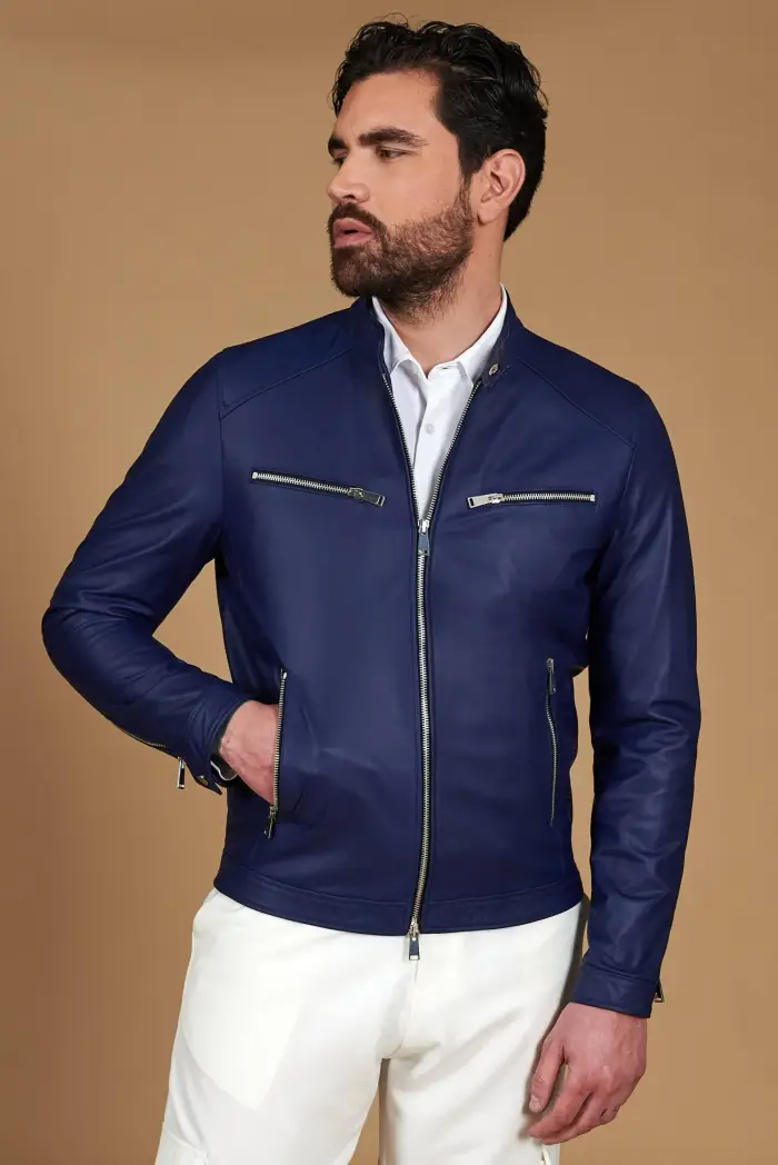 D Arienzo Giacca in pelle bluette quattro tasche effetto liscio, Seleziona Bluette