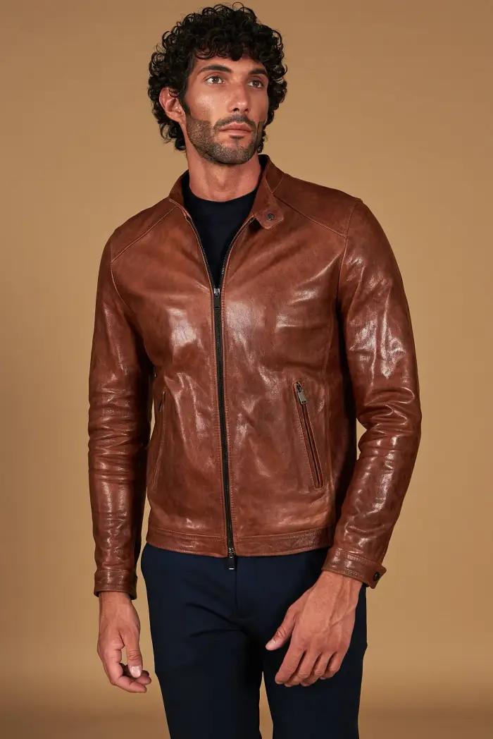 D Arienzo Giacca in pelle colore cuoio effetto vintage collo coreana, Seleziona Cuoio