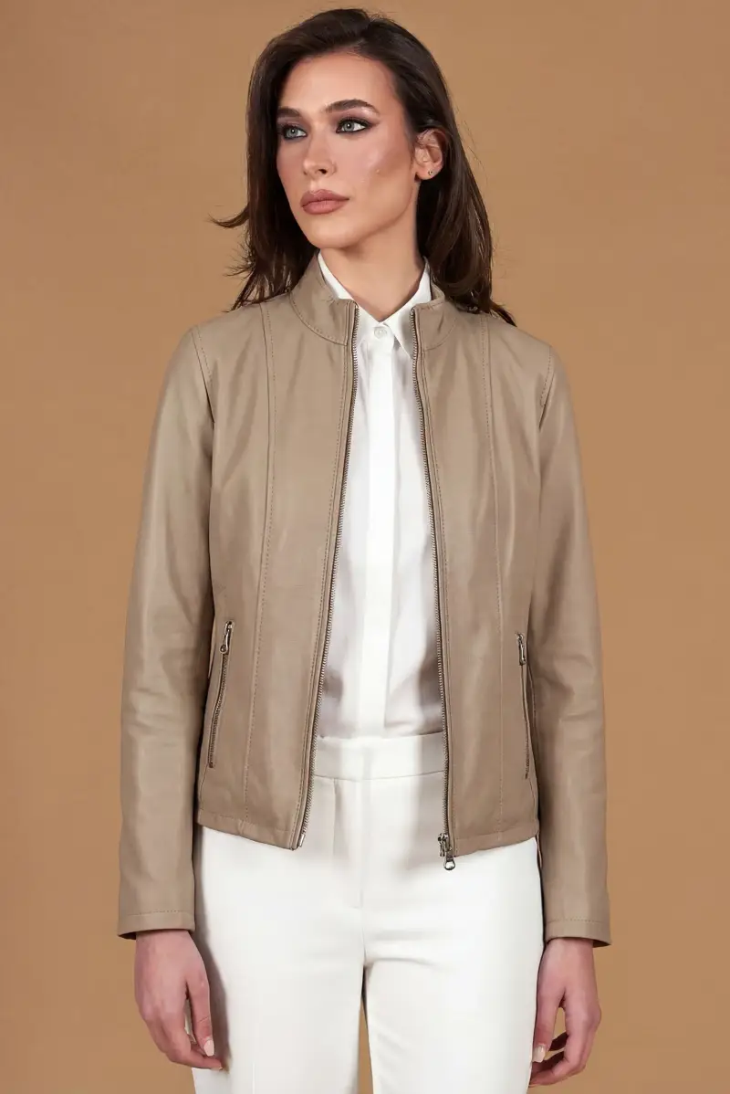 D Arienzo Giacca in pelle naturale color sabbia colletto coreana, Seleziona Beige