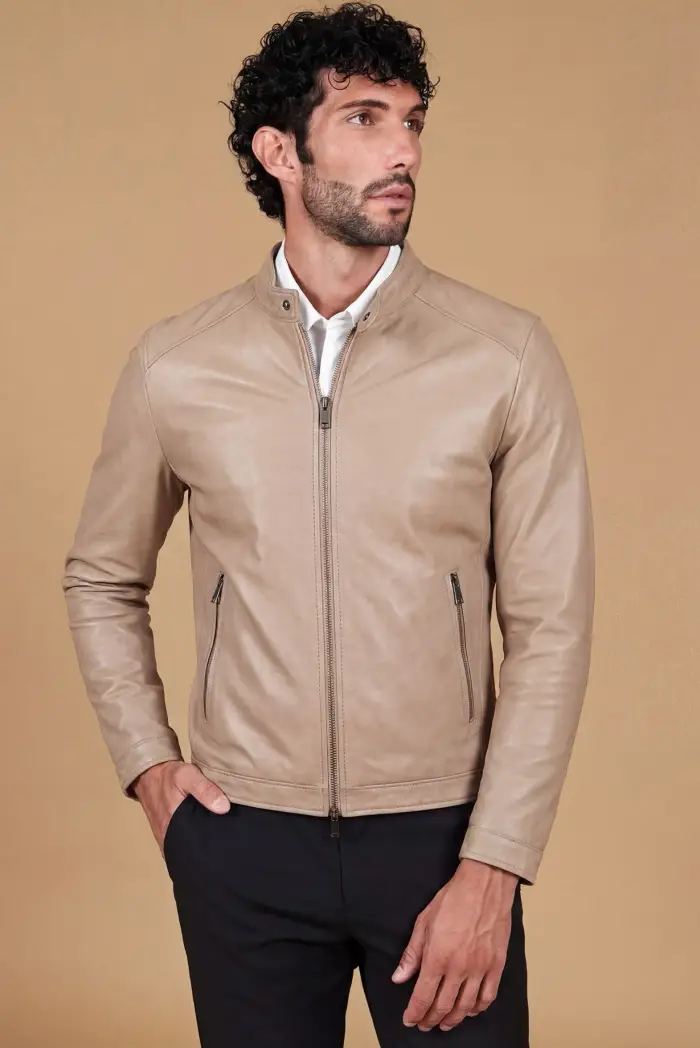 D Arienzo Giacca in pelle naturale sabbia effetto liscio, Seleziona Beige