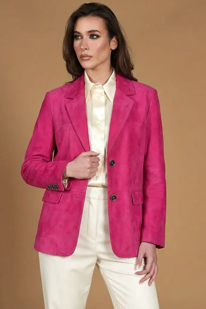 D Arienzo Giacca monopetto in pelle scamosciata color fuxia, Seleziona Fuxia