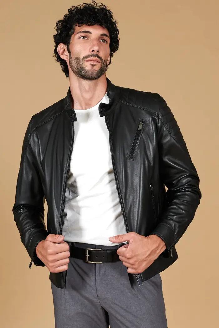 D Arienzo Giacca moto in pelle nera biker trapuntato spalle effetto liscio, Seleziona Nero