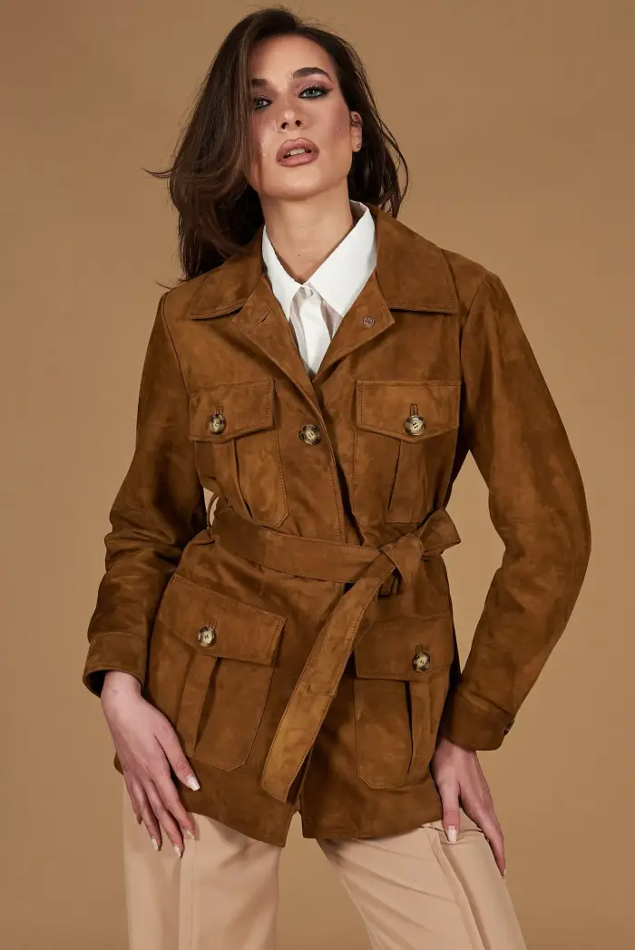 D Arienzo Giacca sahariana in camoscio color cuoio con cintura, Seleziona Cuoio