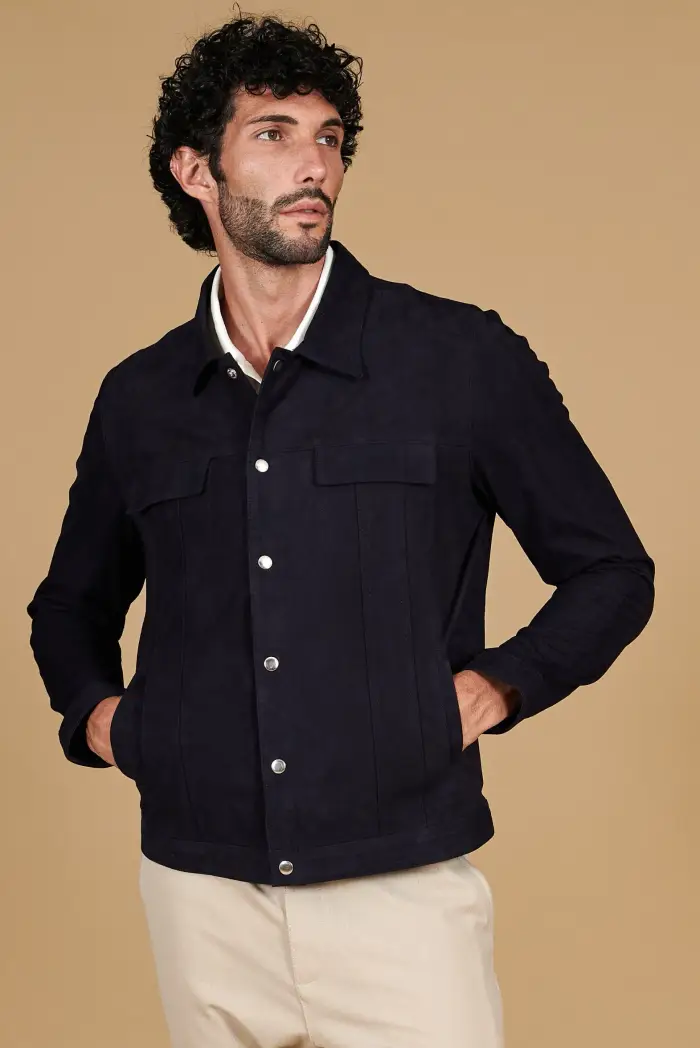 D Arienzo Giacca sfoderata pelle camoscio blu con colletto camicia, Seleziona Blu