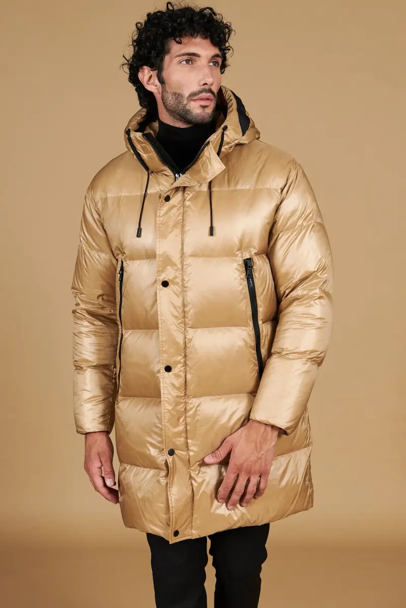 D Arienzo Giaccone lungo in vera piuma colore fango da ripiegare a zaino, Seleziona Fango