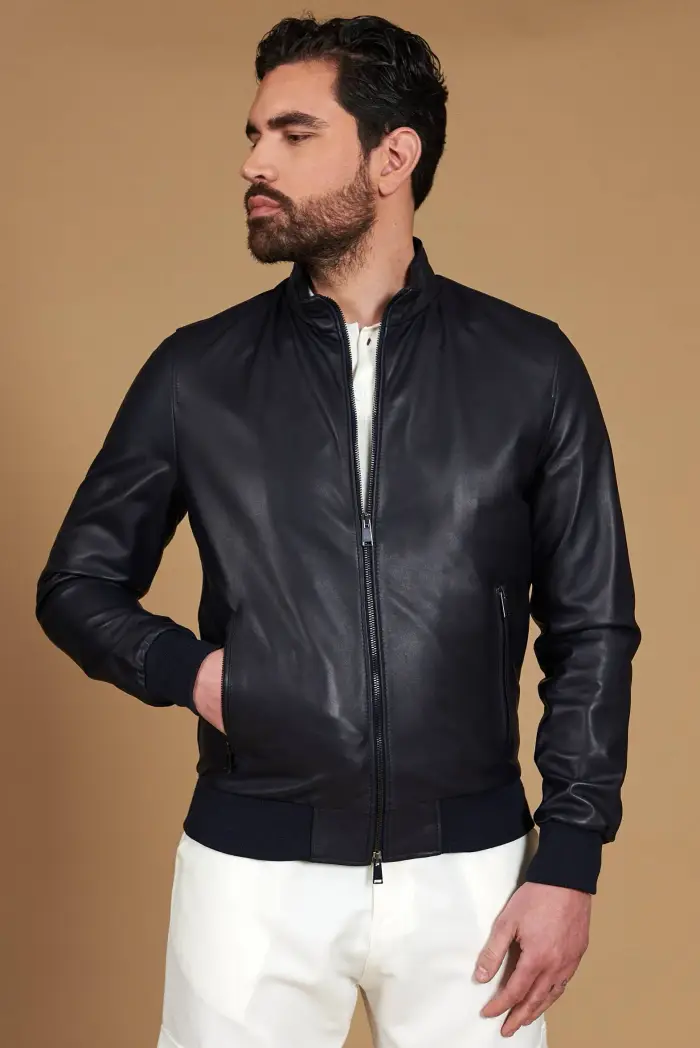 D Arienzo Giubbotto Bomber in pelle blu nappa effetto liscio, Seleziona Blu