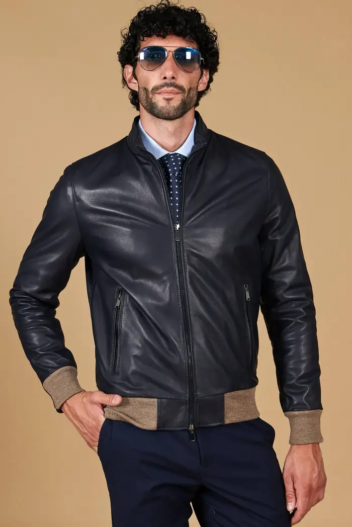 D Arienzo Giubbotto bomber in pelle naturale blu lana a contrasto beige, Seleziona Blu