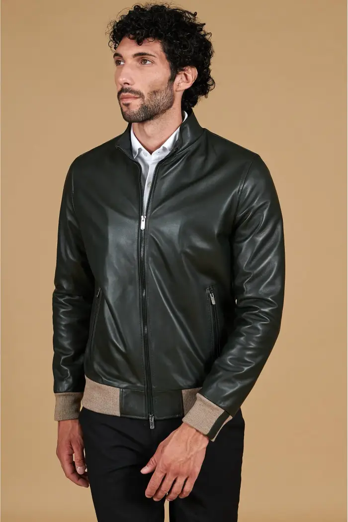 D Arienzo Giubbotto bomber in pelle naturale verde lana a contrasto beige, Seleziona Verde