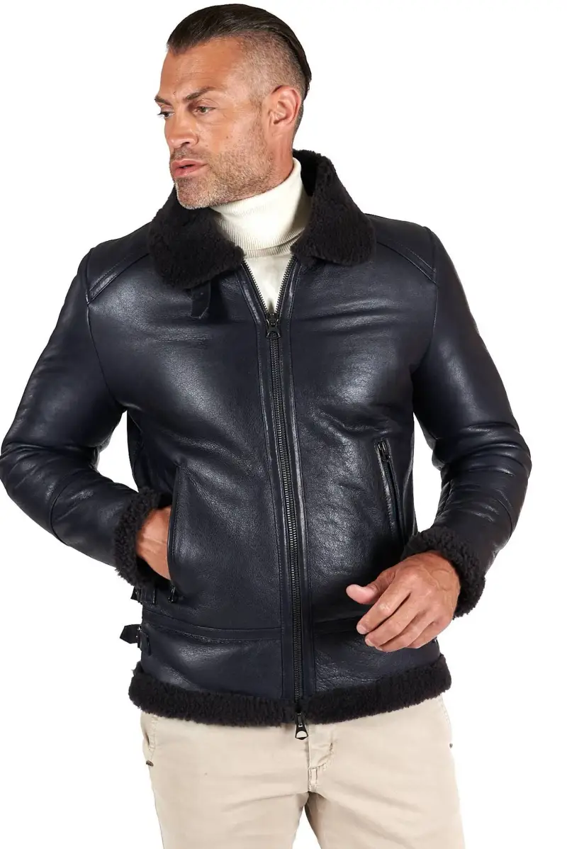 D'Arienzo Montone blu Shearling biker uomo collo camicia con fibbia, Seleziona Blu