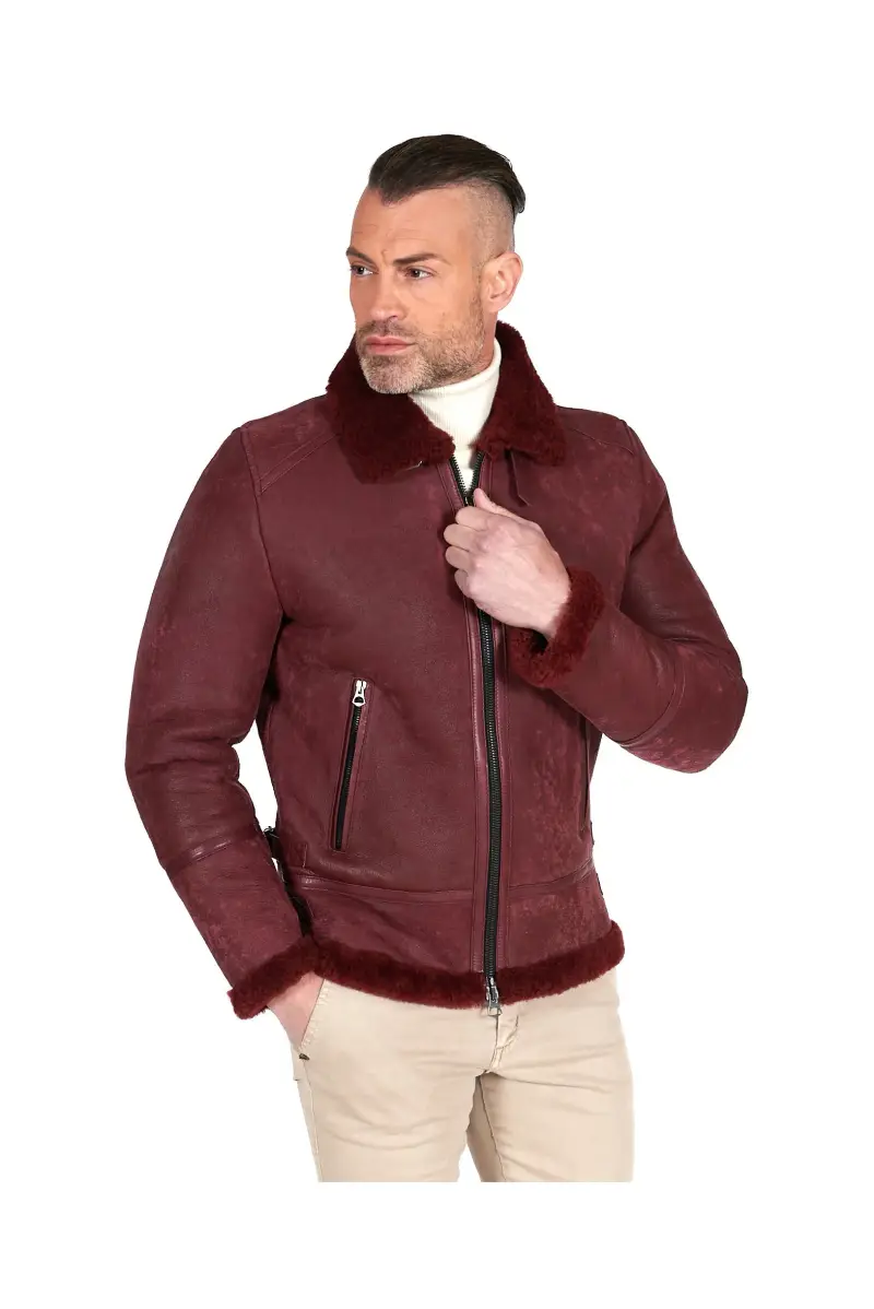 D'Arienzo Montone bordeaux Shearling biker uomo collo camicia con fibbia, Seleziona Vinaccio