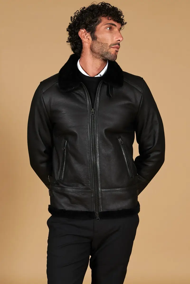 D'Arienzo Montone shearling nero biker uomo collo camicia con fibbia, Seleziona Nero