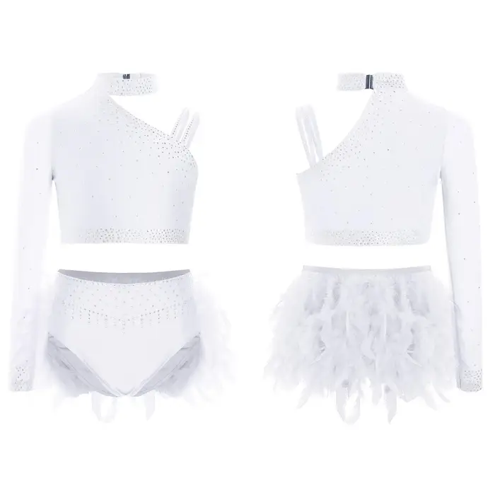 Daenrui Set Danza Classica Bambina Costume da Spettacolo Strass Top Ginnastica Unico Spalla Irregolare Crop Top con Slip Tuta 11-12 Years