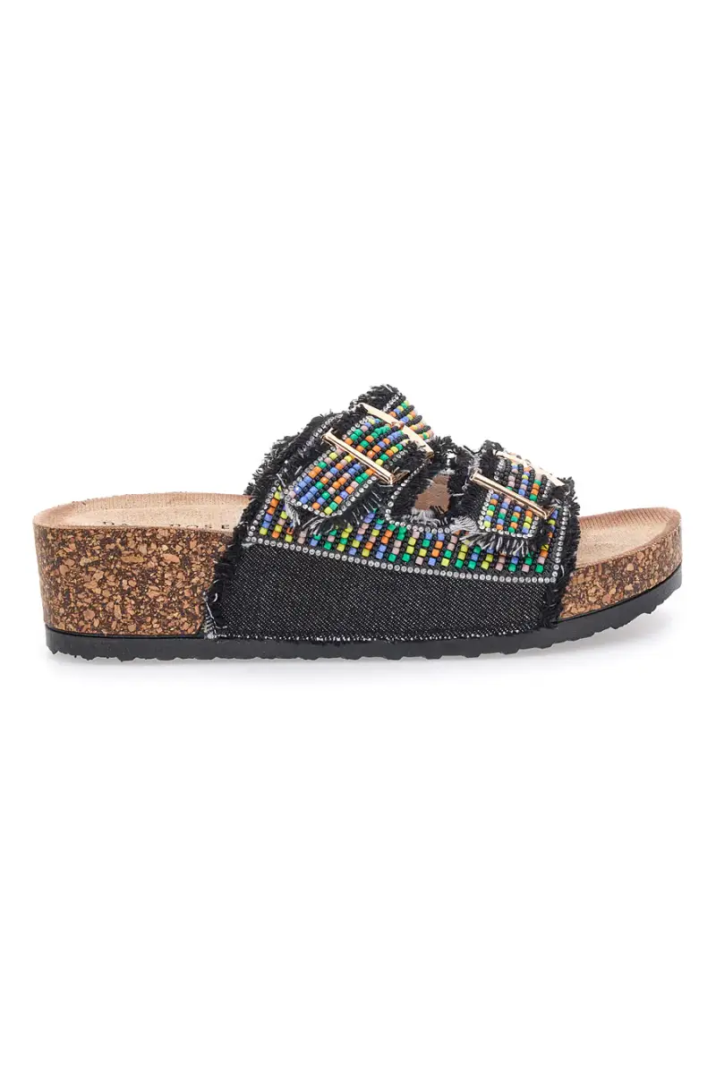 DAME ROSE Sandali neri con perline multicolor e doppia fibbia APY66 [NERO]