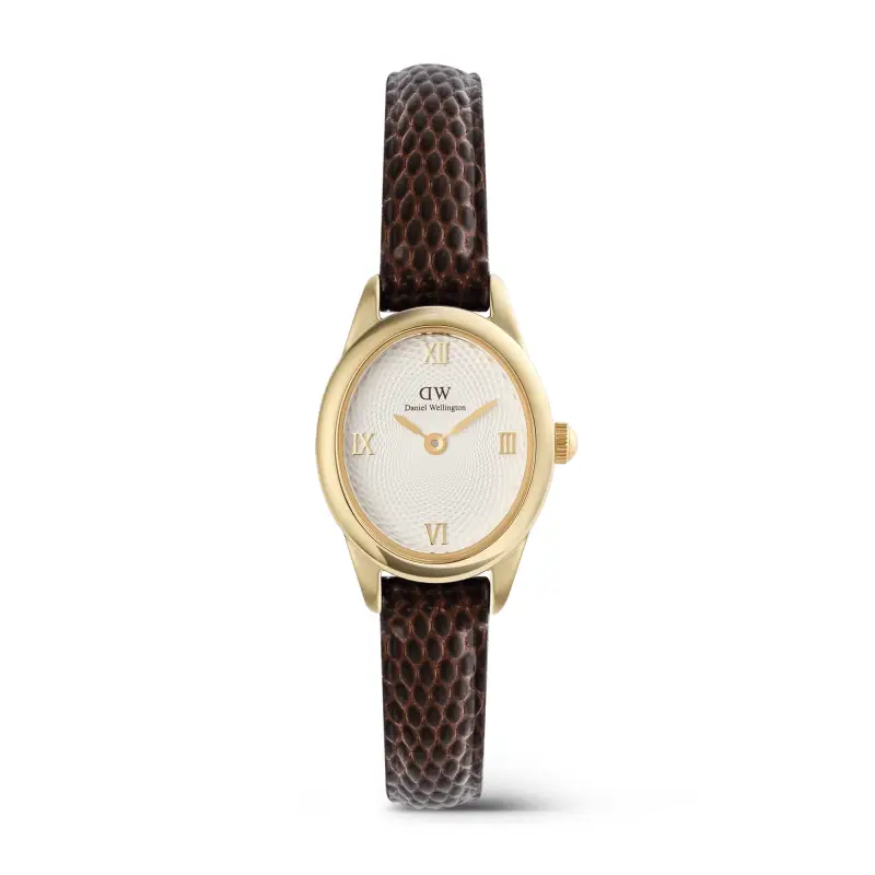 Daniel Wellington DW Orologio Ophelia Mini Dark Brown Lizard White Guilloché Gold 22x25 5mm