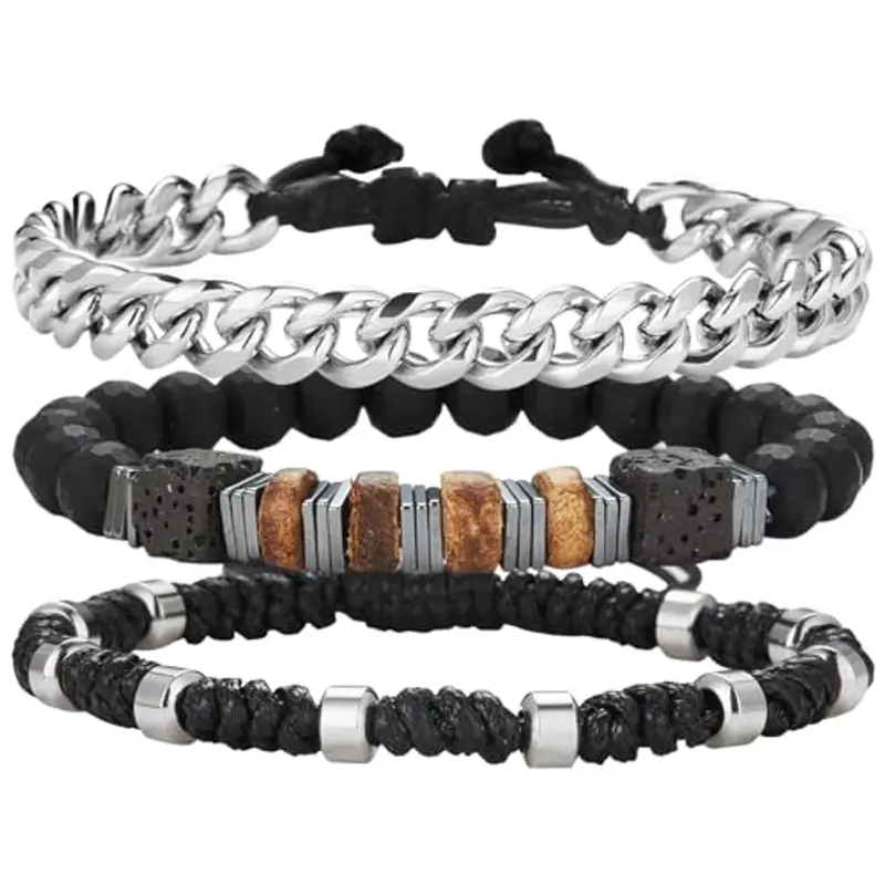 Dazylleco Set di 3 Bracciale da Uomo Bracciale Pietre Naturali Bracciale a Catena Cubano Bracciale in Corda Regolabile Regali di Gioielli