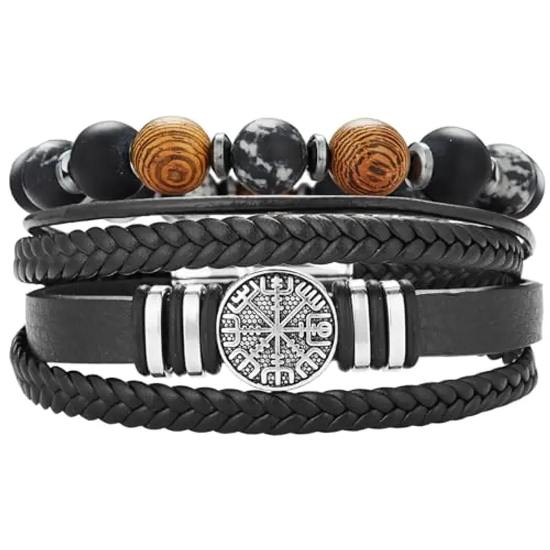 Dazylleco Set di Bracciale Uomo Pelle Nero Bracciale Perline Multistrato con Chiusura Magnetica Gioielli Uomo Regalo Festa Del Papà(Bussola)