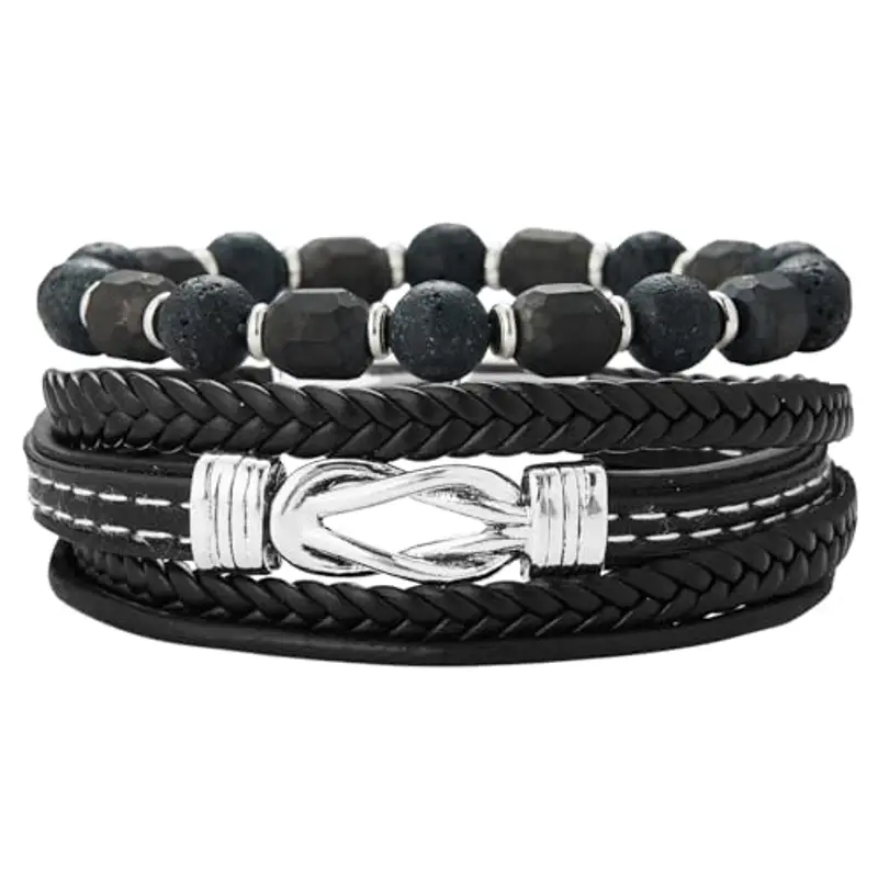 Dazylleco Set di Bracciale Uomo Pelle Nero Bracciale Perline Multistrato con Chiusura Magnetica Gioielli Uomo Regalo Festa Del Papà(Nodo)