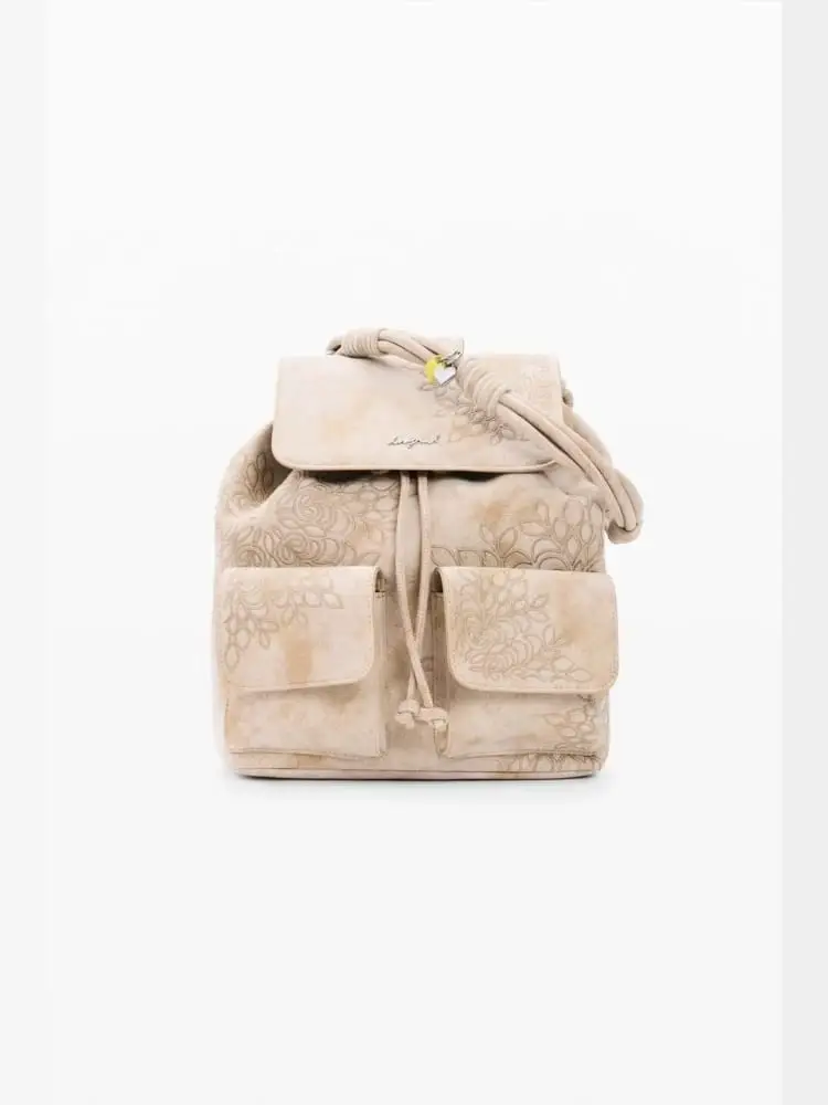 Desigual borsa zaino sierra prisa mini in ecopelle beige chiaro ricamata