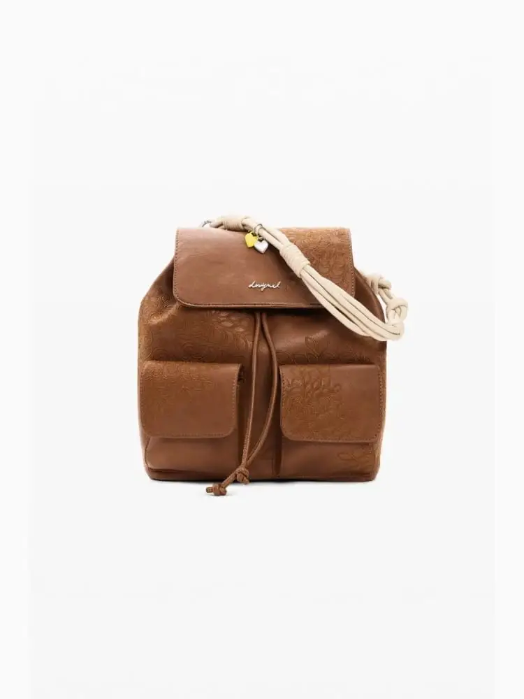 Desigual borsa zaino sierra prisa mini in ecopelle cammello ricamata