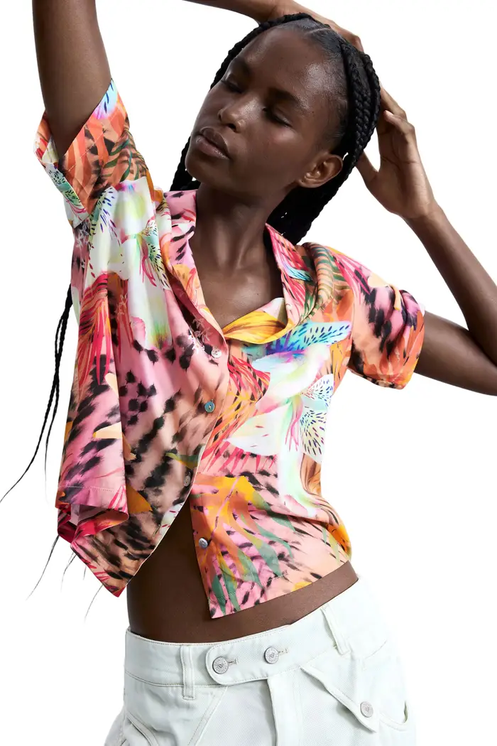 Desigual Camicia Maniche Corte Donna Arancione Stampa Logo