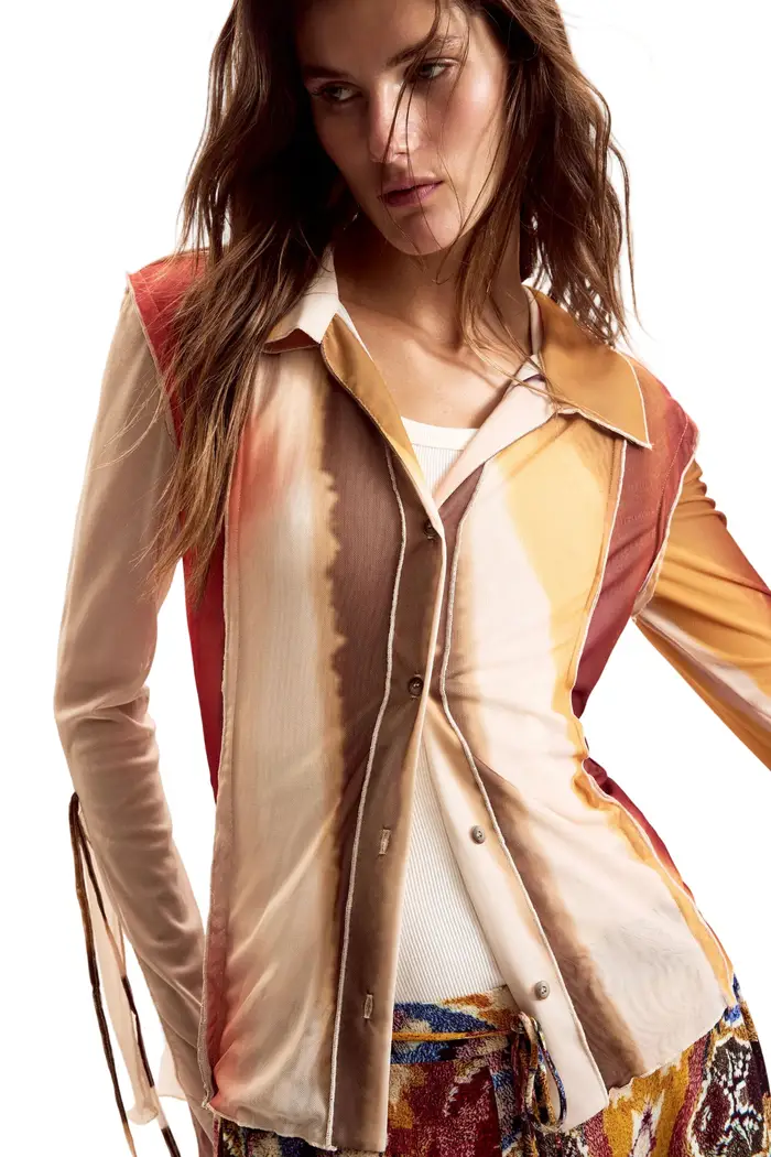 Desigual Camicia Maniche Lunghe Donna Beige Fantasia