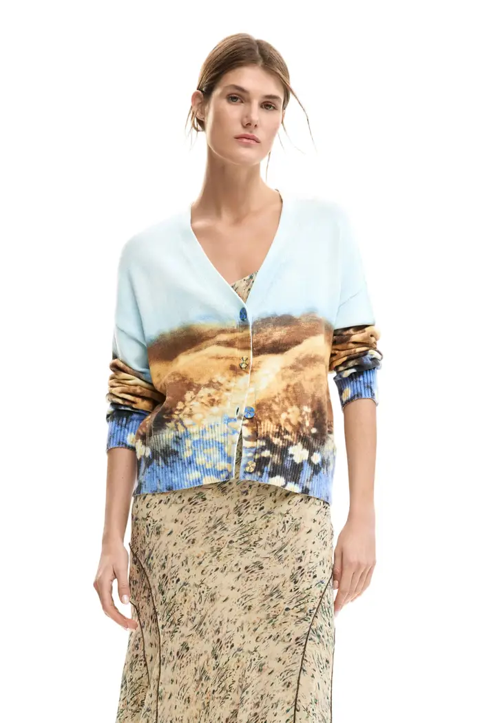 Desigual Maglia Cardigan Donna Azzurro Stampa Logo