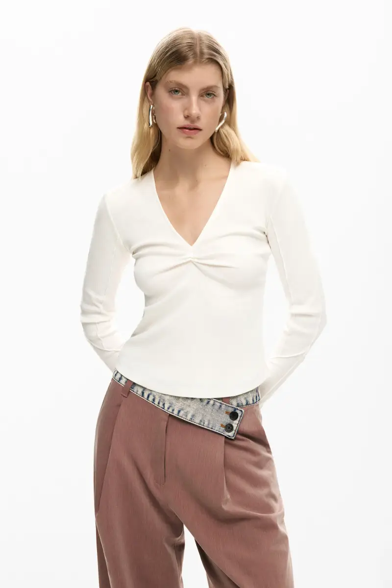 Desigual Maglietta nodo a costine WHITE