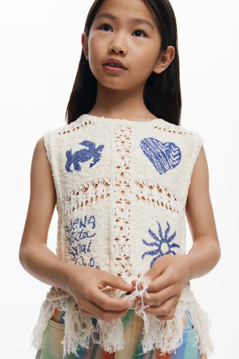 Desigual Maglione crochet con frange WHITE