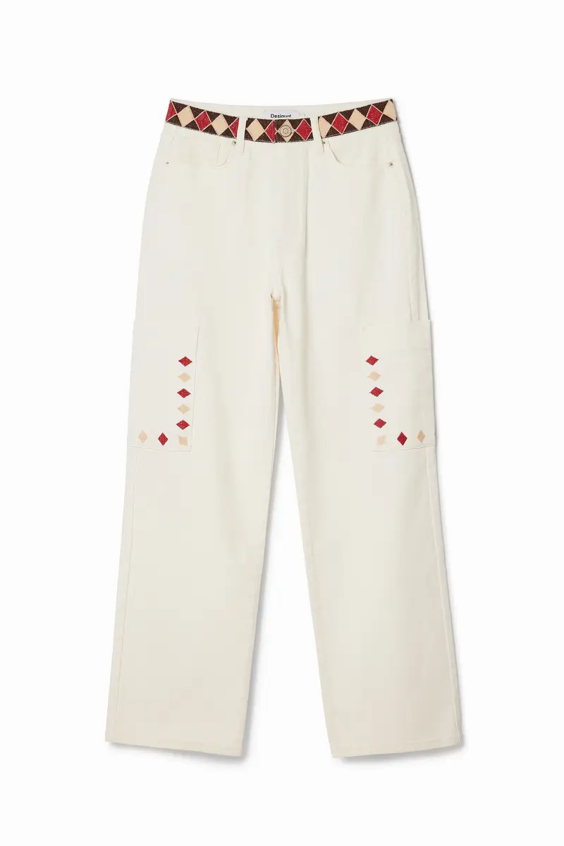 Desigual Pantaloni denim cropped con bordi a rombi WHITE