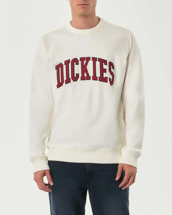Dickies Felpa girocollo panna con maxi logo college rosso davanti