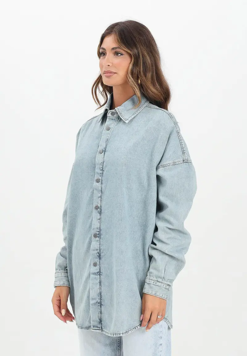 Diesel Camicia a manica lunga in denim chiaro per donna, ragazzi e bambini con maxi logo Oval D