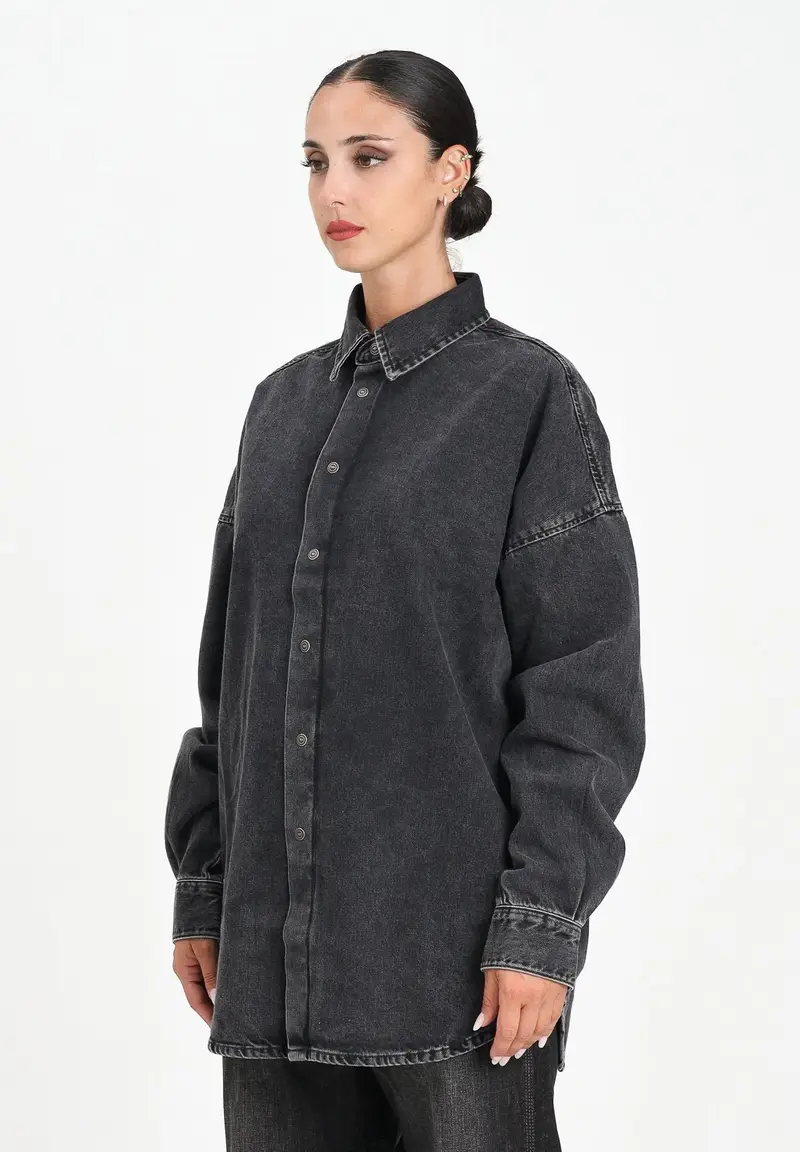 Diesel Camicia a manica lunga in denim nero per donna, ragazzi e bambini con maxi logo Oval D