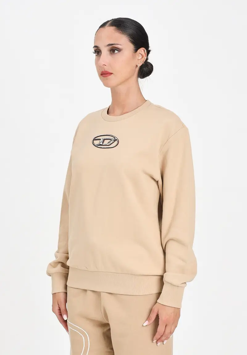 Diesel Felpa girocollo beige per donna, ragazzi e bambini con logo Oval D multi-layered