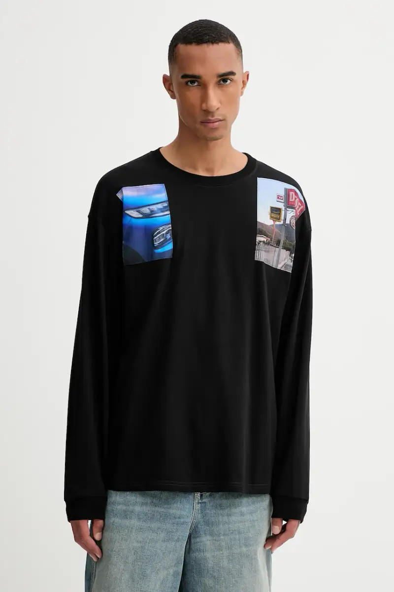 Diesel top a maniche lunghe in cotone T-BOXT-LS-T5 colore nero con applicazione A19468.0PLAT