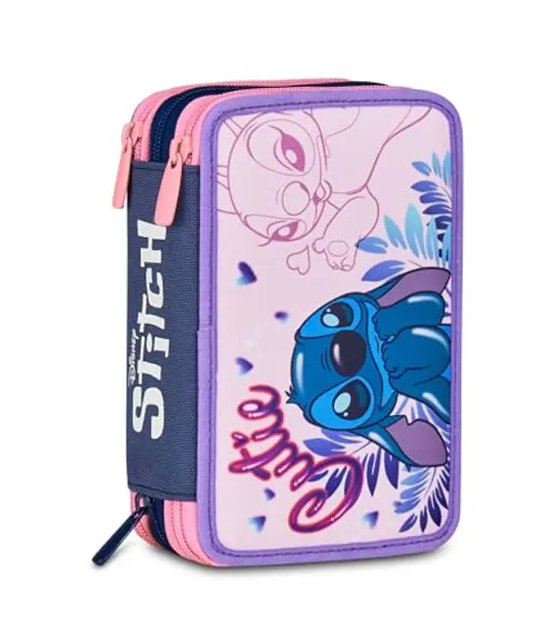 SJ GANG STYLE JAM GANG Disney Astuccio Scuola 3 Scomparti, LILO & STITCH- 2CUTE, Multicolore - Portapenne Multi Scomparto Con Matite, Penne