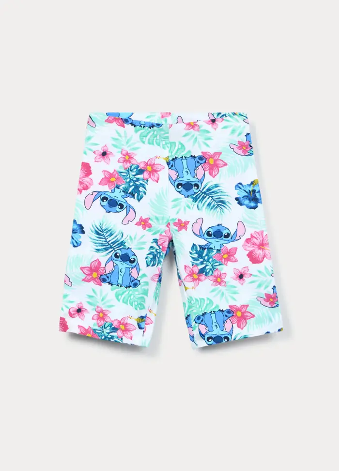Disney Leggings Corti Stitch In Jersey Di Cotone Stretch Bambina, Bianco