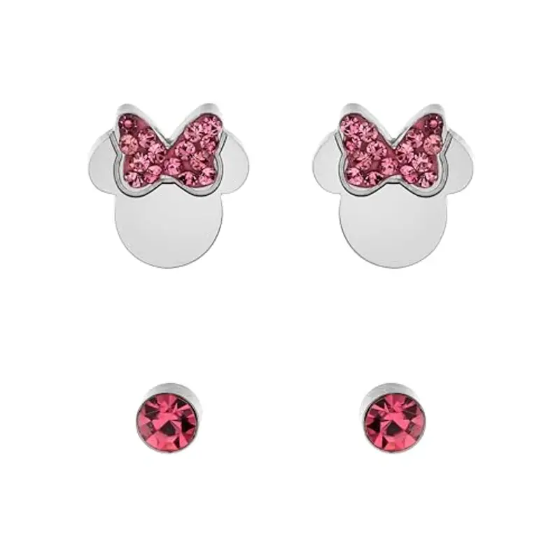 Disney Orecchini Minni Mouse, Collezione Acciaio Inossidabile, Colore Argento, UNICO, Pietre di zirconia cubica, Regalo