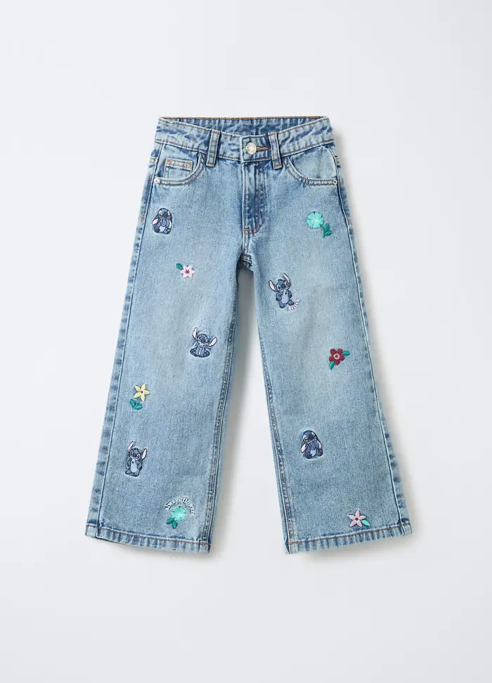 Disney Pantaloni In Denim Di Puro Cotone Wide Leg Bambina, Azzurro chiaro
