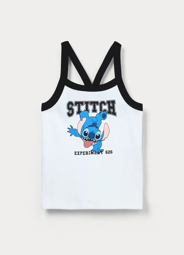 Disney Top Stitch In Costina Di Cotone Stretch Ragazza, Bambina, Bianco/Nero
