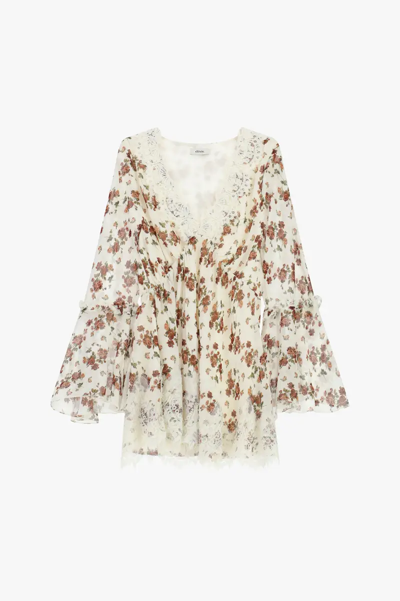 Dixie Abito corto floreale con maniche svasate e pizzo