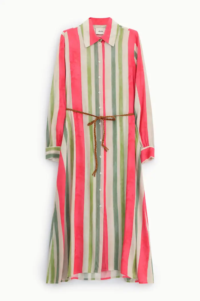 Abito lungo a righe con cintura intrecciata