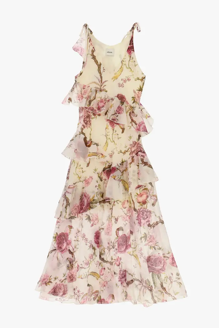 Dixie Abito lungo stampa fiori con balze e spalline